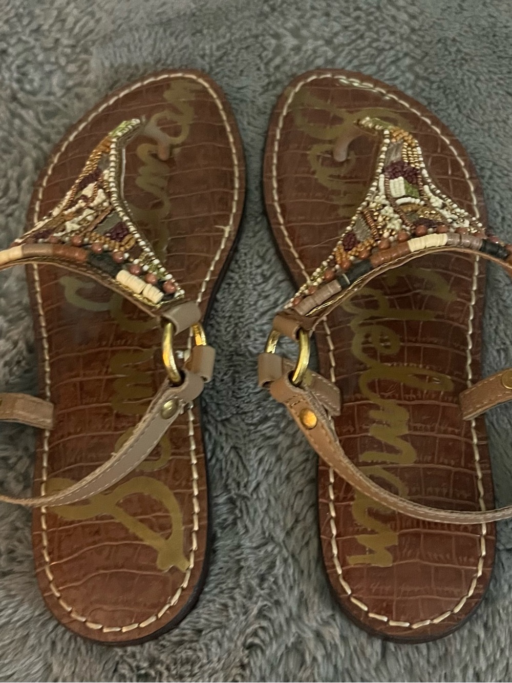 Sam Edelman Beaded T-Strap Brown Sandals with Metallic Accents - Picture 6 of 7